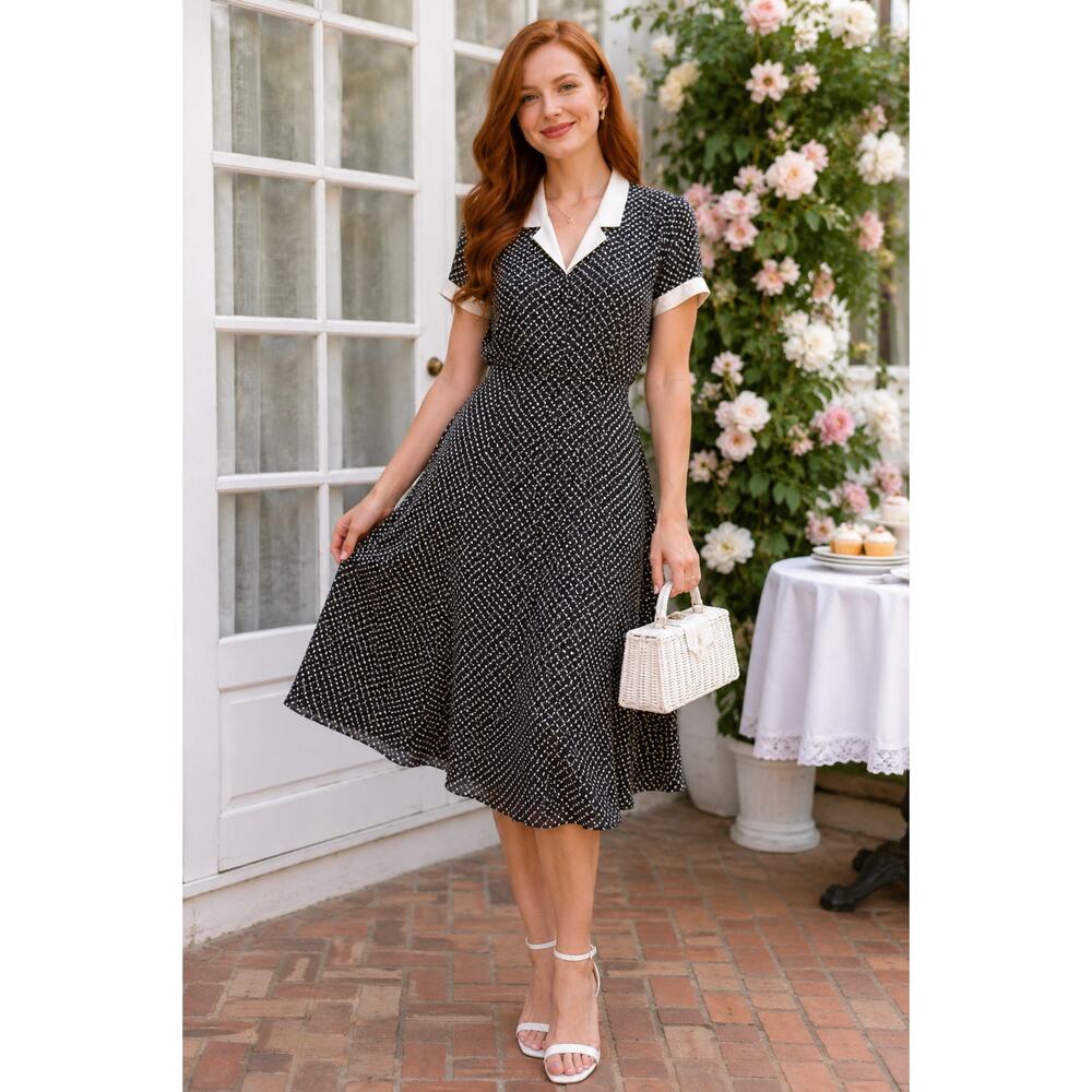 VINTAGE PETITES FOR MAGGY Black Grid Print Cuffed Short-Slv Tulip Dress Sz 8P